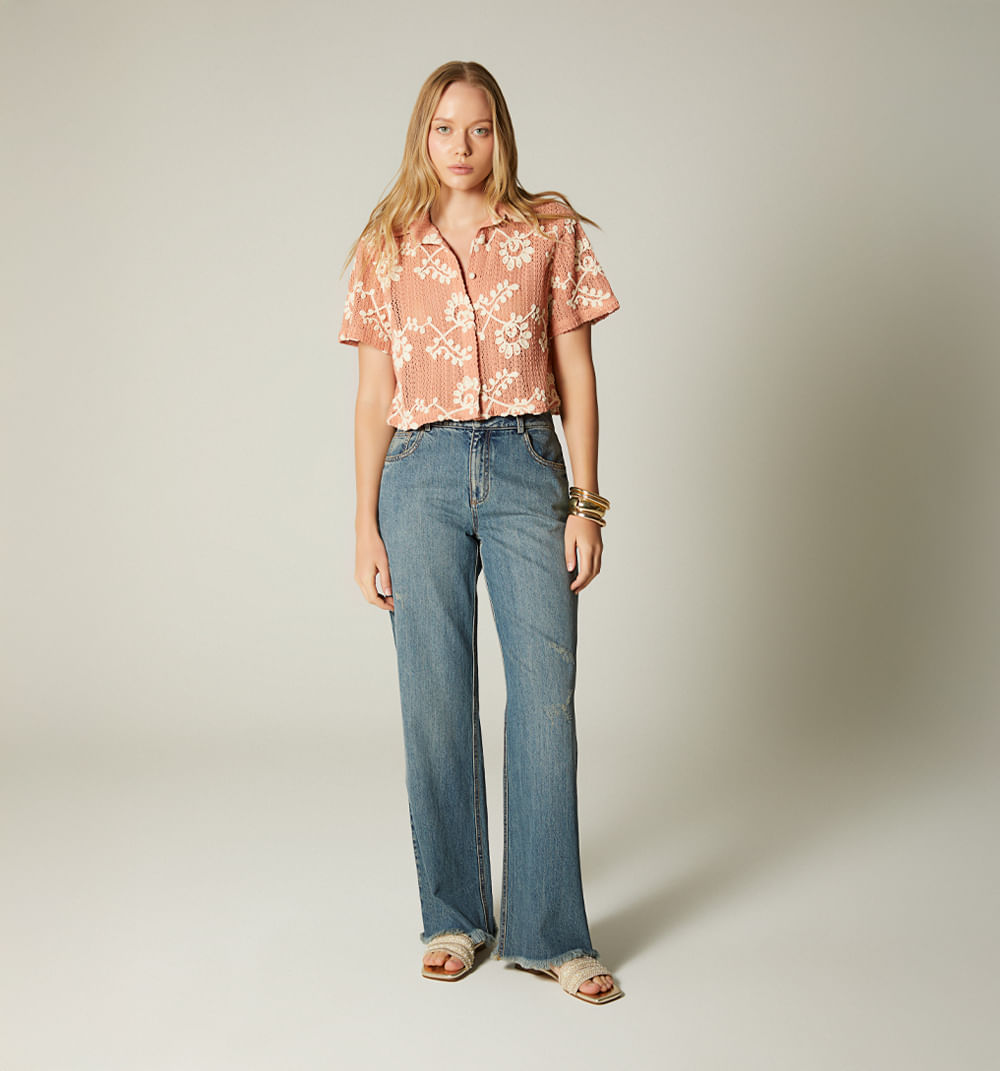 Studio F Blusa Boxy Manga Corta Beige