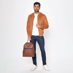 Studio F Chaqueta Cuerina Marron Cuello Alto Maxibolsillo