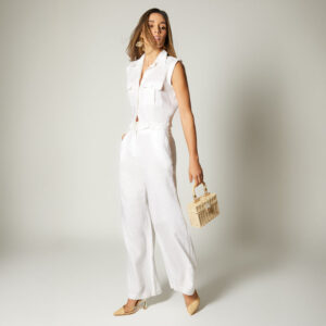 Studio F Pantalon con Pretina Blanco y Ocre en Contraste